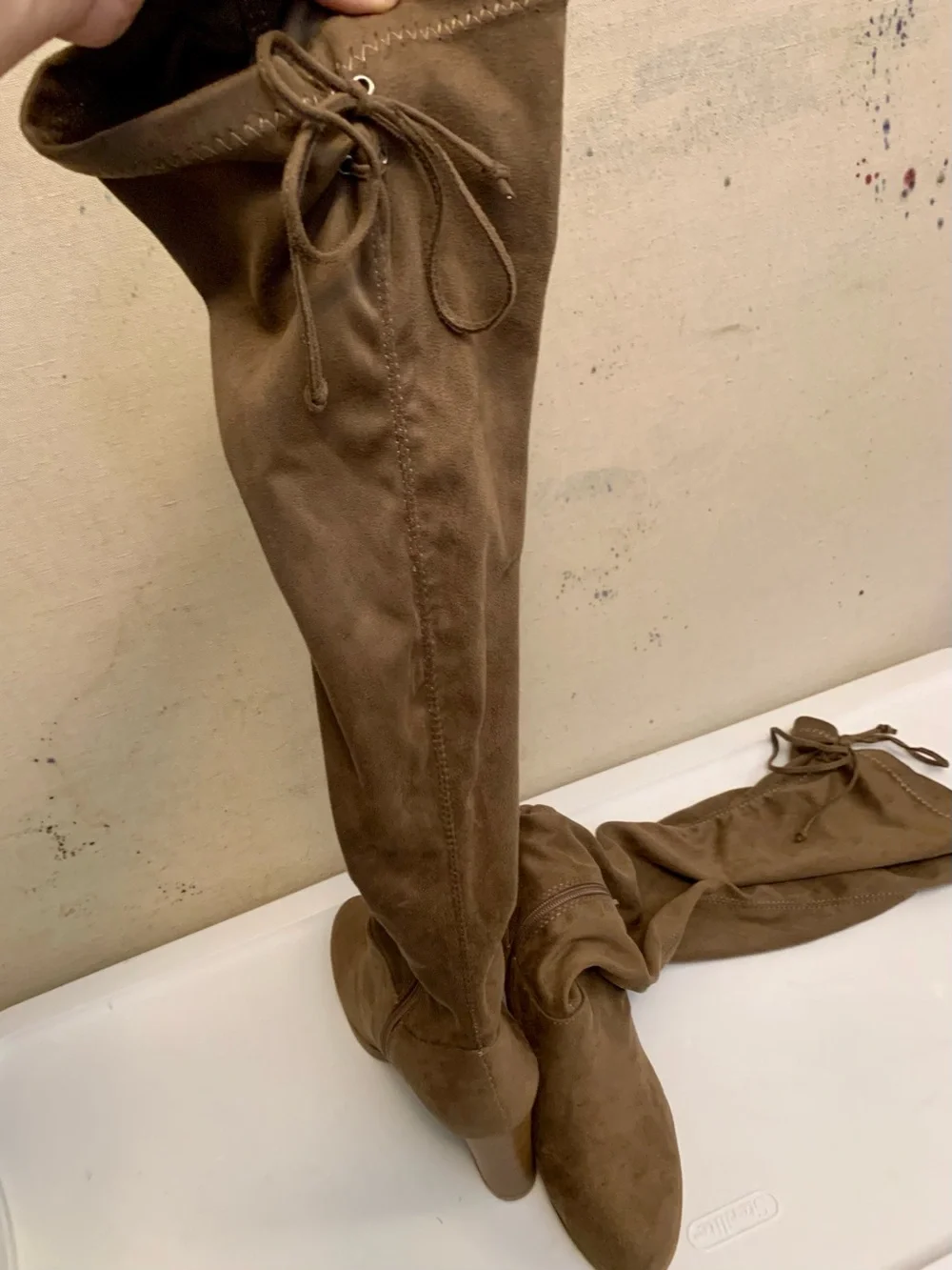 Tall Tan Suede Platform Boots  - Women's Thigh-High Heels, Size 7.5